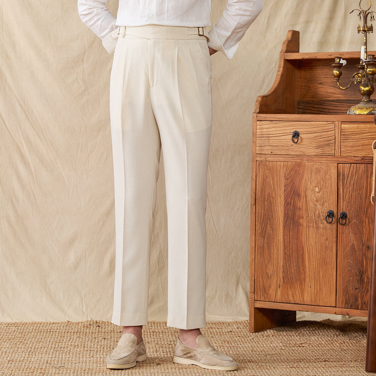 Men’s Linen Blend Double Pleated Straight Fit Trousers