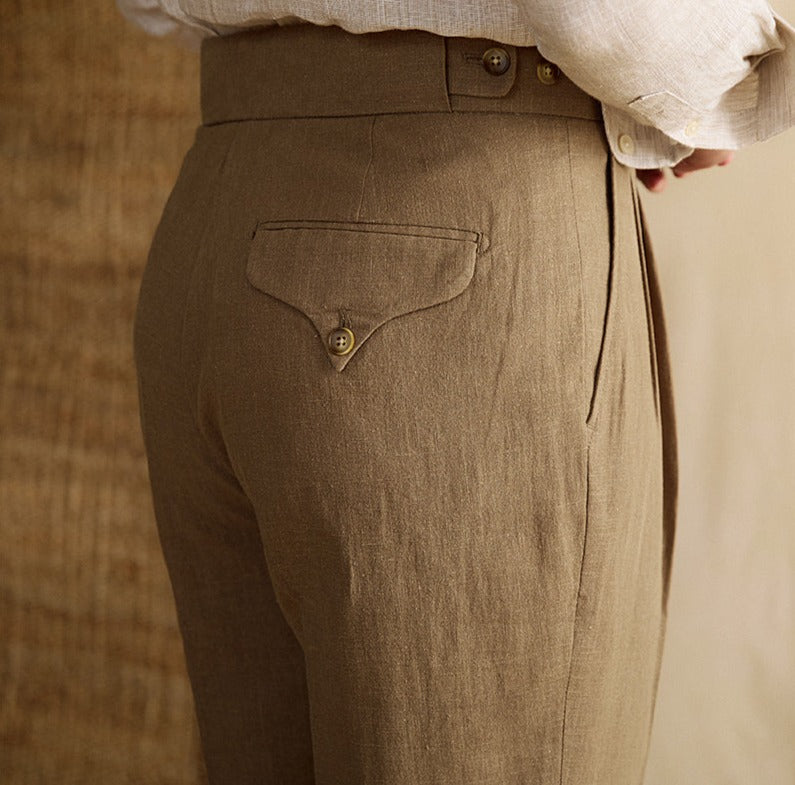 Men's Portofino Linen Double Pleated Straight Fit Trousers