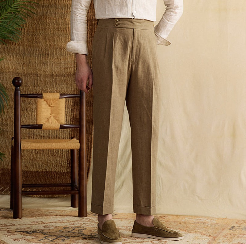Men's Portofino Linen Double Pleated Straight Fit Trousers