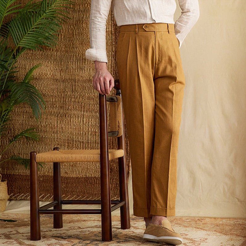 Men's  Bergamo Cotton Linen Blend Double Pleated Straight Fit Trousers