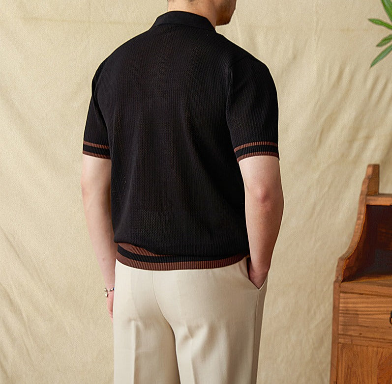 Men’s Contrast Crochet Knit Short Sleeve Polo Shirt