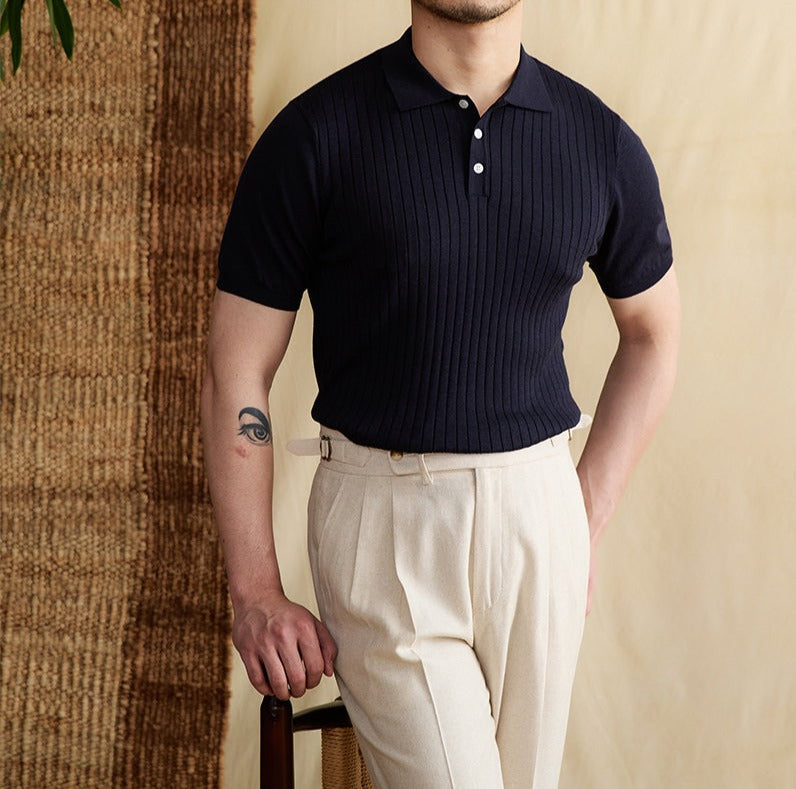 Men's Ribbed Pleated Knit Polo Shirt