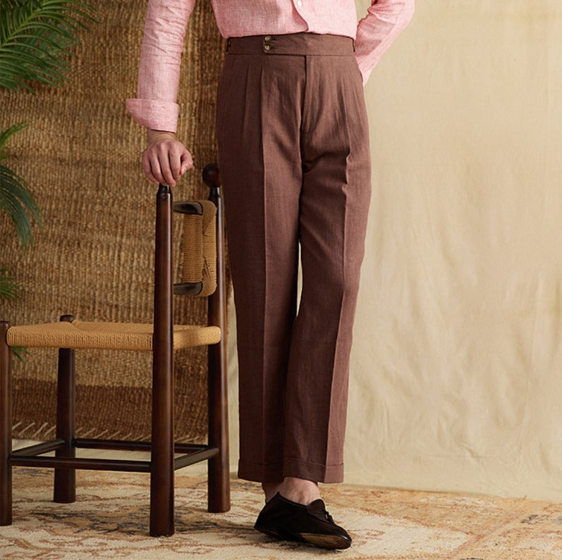 Men's Portofino Linen Double Pleated Straight Fit Trousers