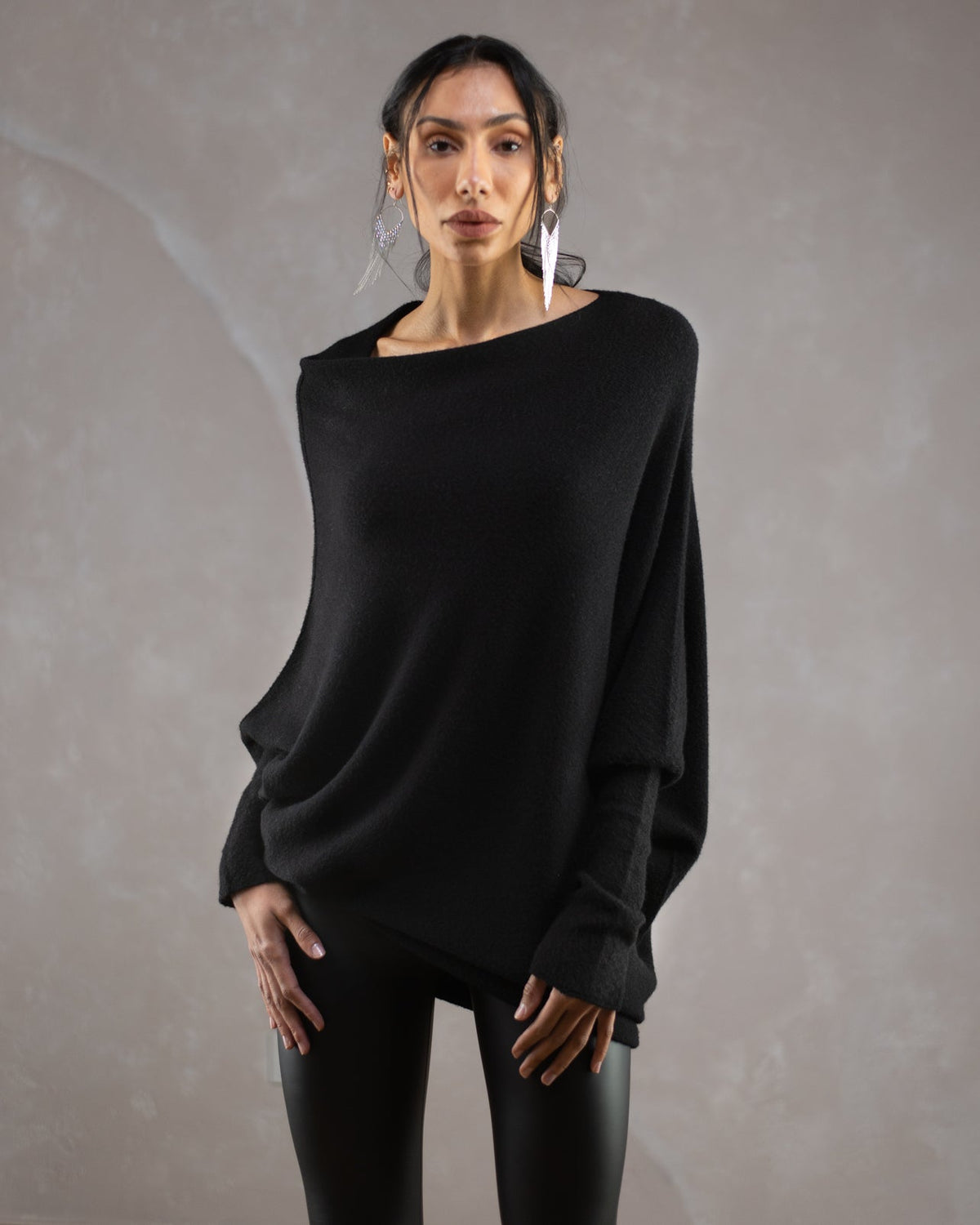 Women's Black Asymmetrical Draped Seamless Knit Top