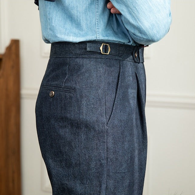 Men's Cotton Straight-Fit Trousers with Pleats