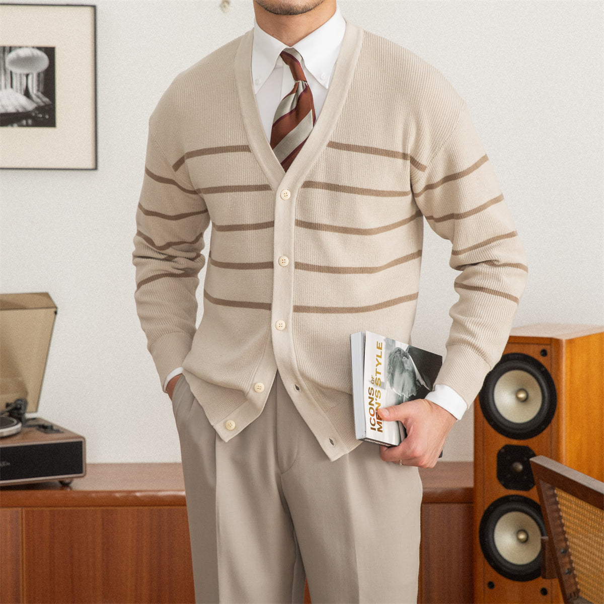 Men’s Striped Knitted Wool Blend Cardigan