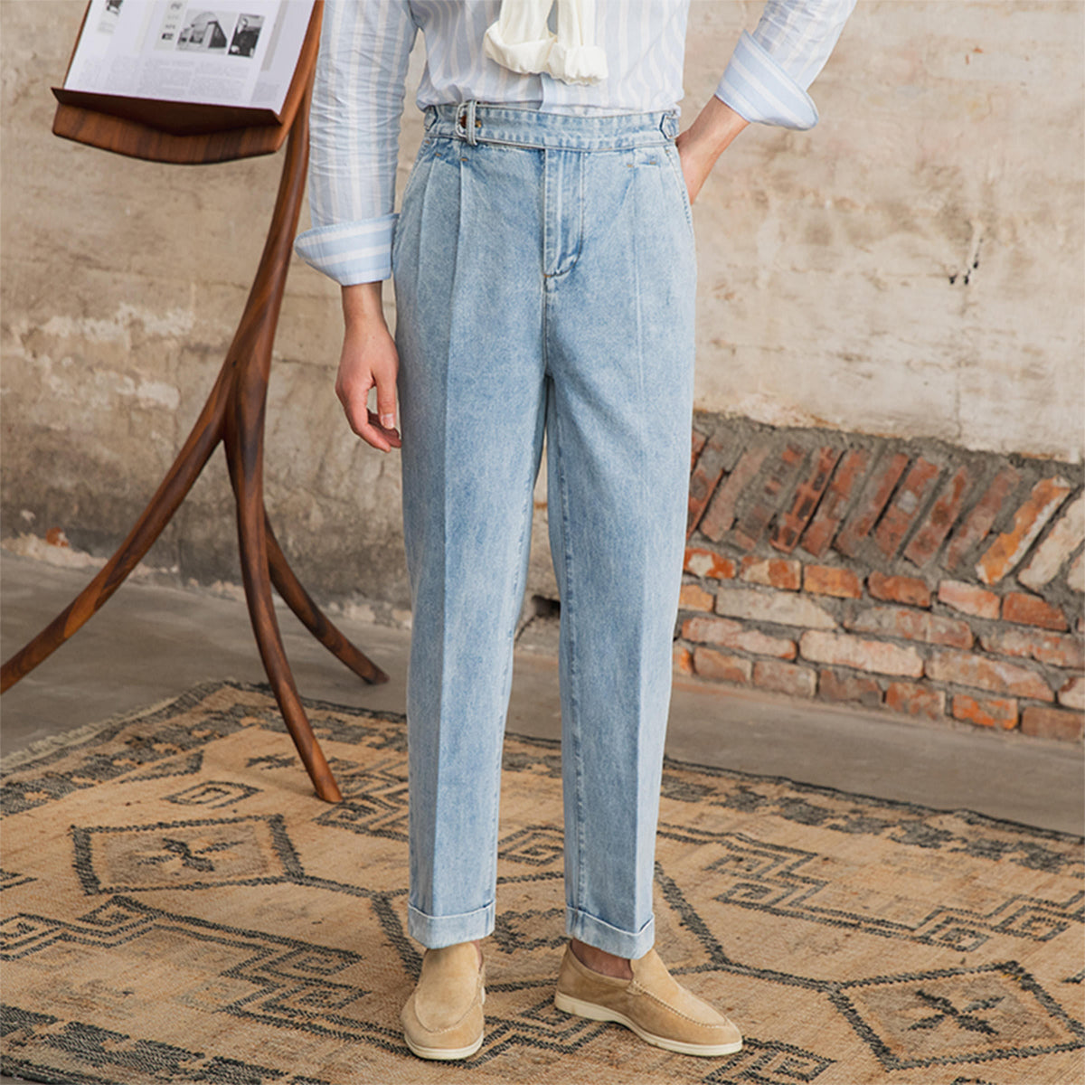 Men's Barcelona Cotton Pleated Straight Fit Denim Trousers