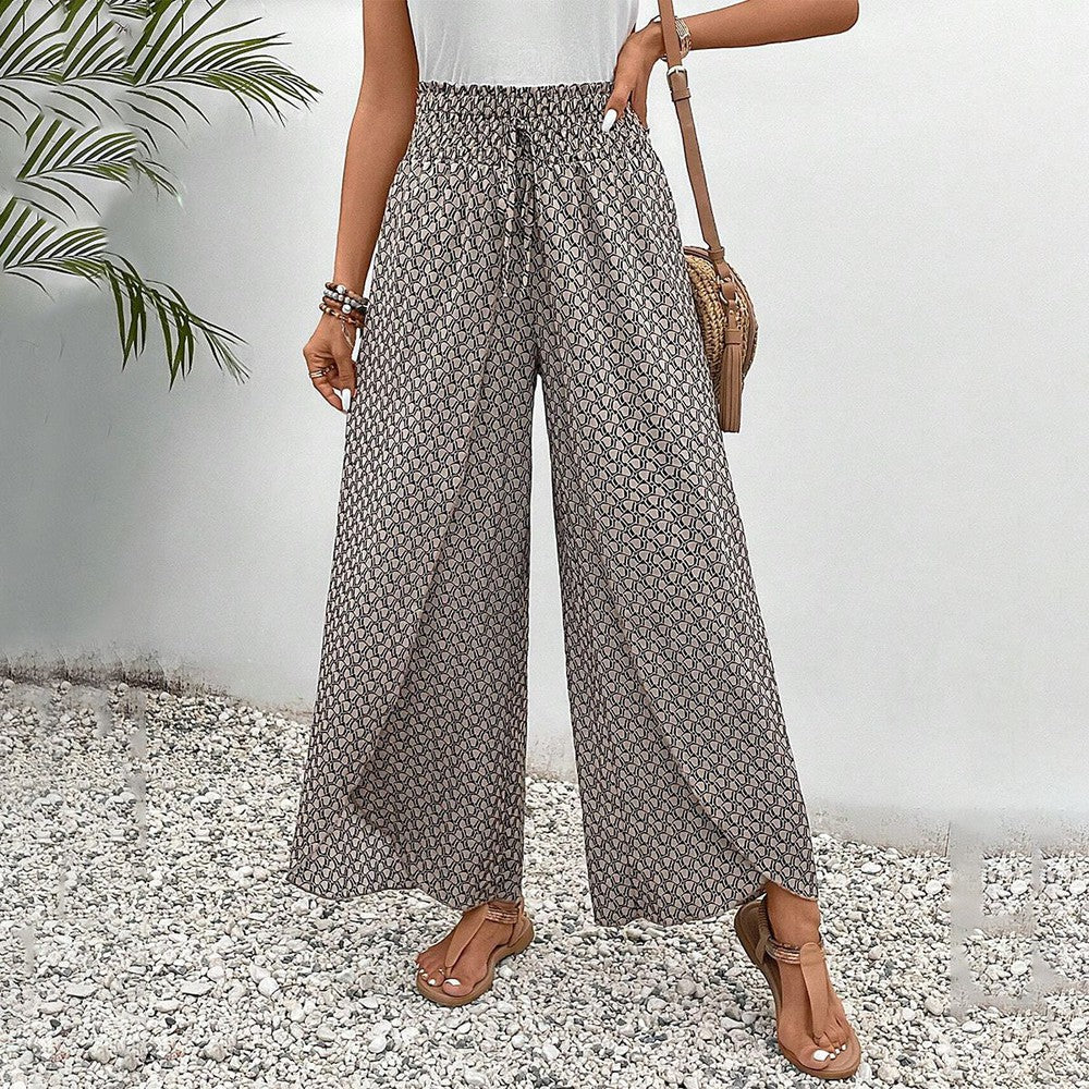 Women’s Brown Printed Trousers, Elastic Waistband, Drawstring, Viscose Stretch Pants