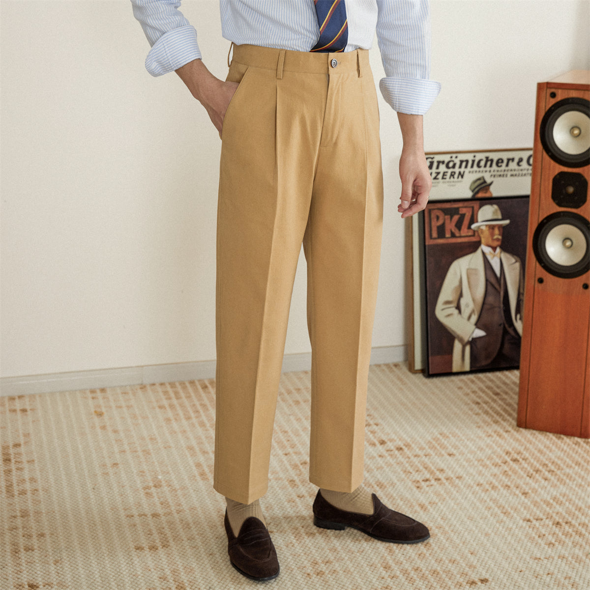 Men's Cotton Straight-Fit Trousers with Pleats