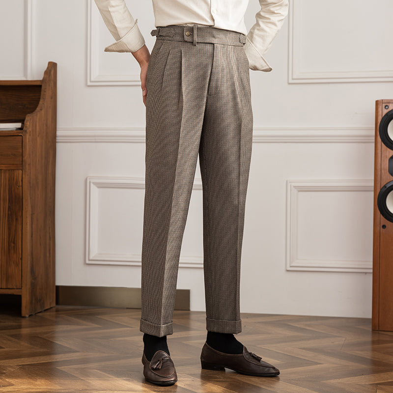 Men's Houndstooth Straight-Fit Trousers with Pleats