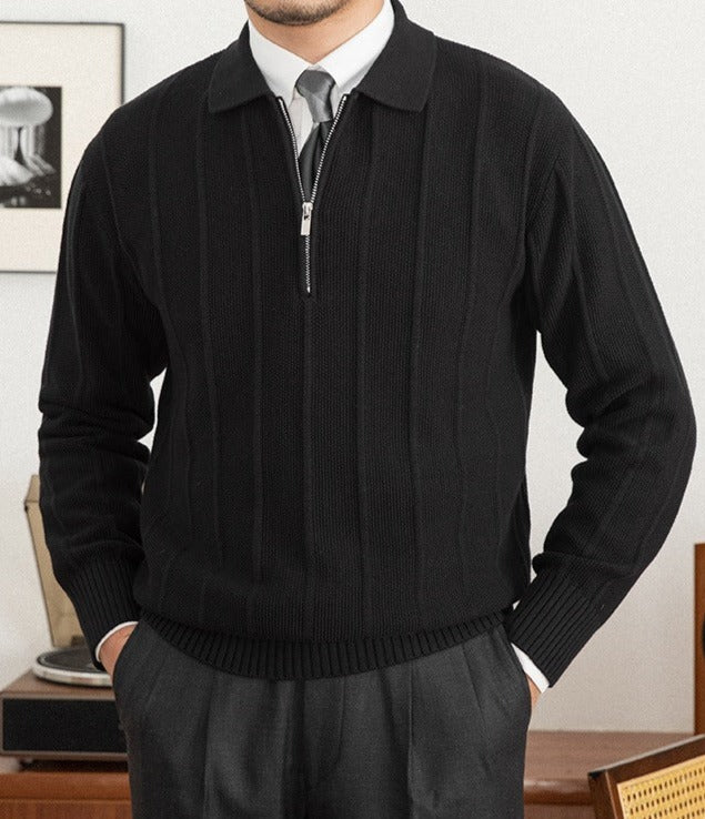 Men's Pleated Elegance Polo Half Zip Knitted Sweater