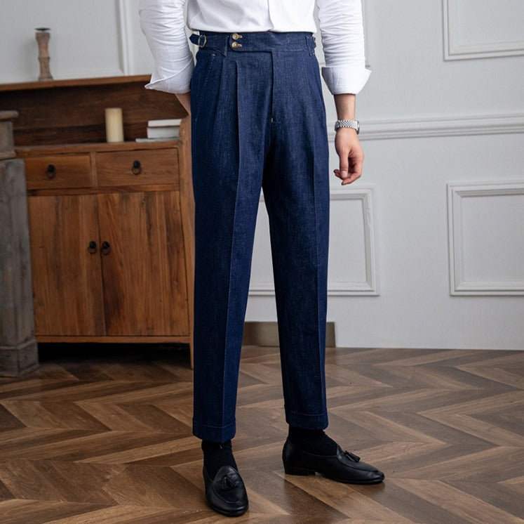 Men's Denim Workwear Trousers with Double Pleats