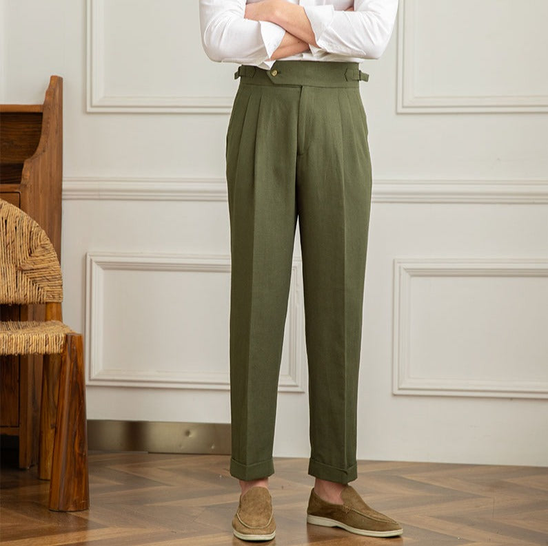Men's Casino Royale Linen Blend Double Pleated Straight Fit Trousers
