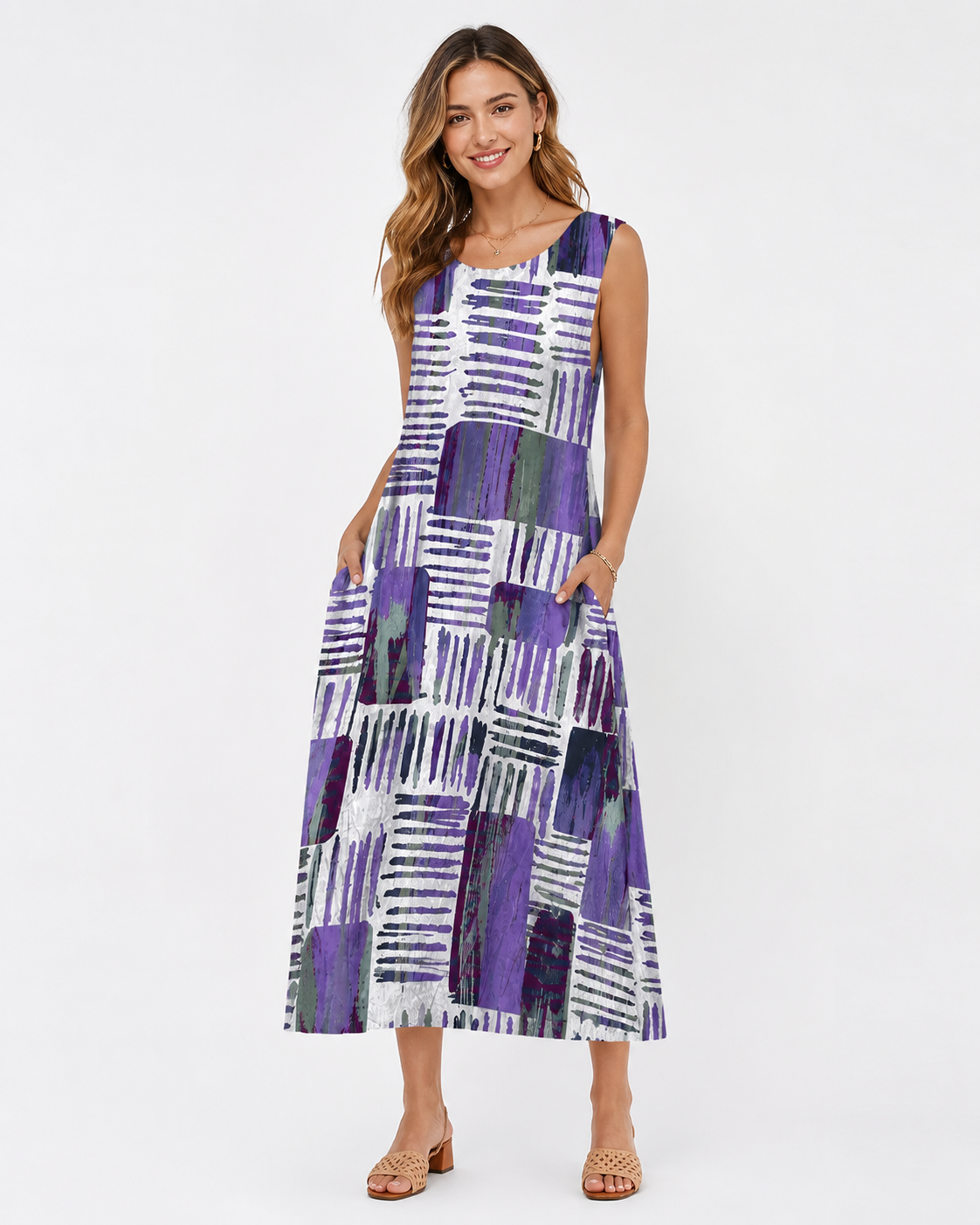 Women's Block Print Dress with Pockets