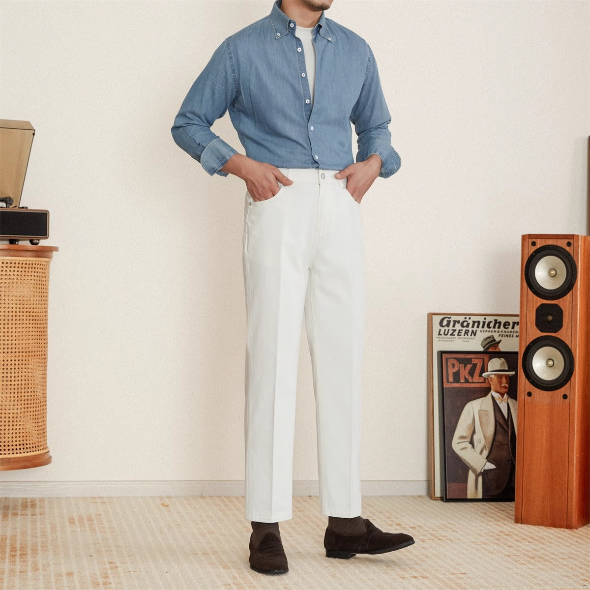 Men's Cotton Denim Trousers with Pleats