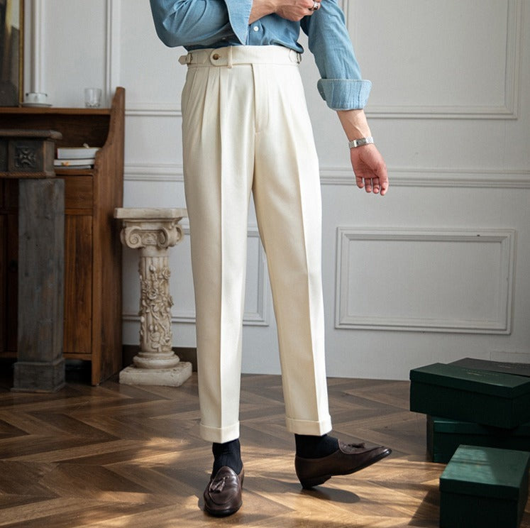 Men's Wool Blend Textured Trousers with Double Pleats