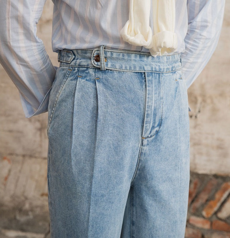 Men's Barcelona Cotton Pleated Straight Fit Denim Trousers