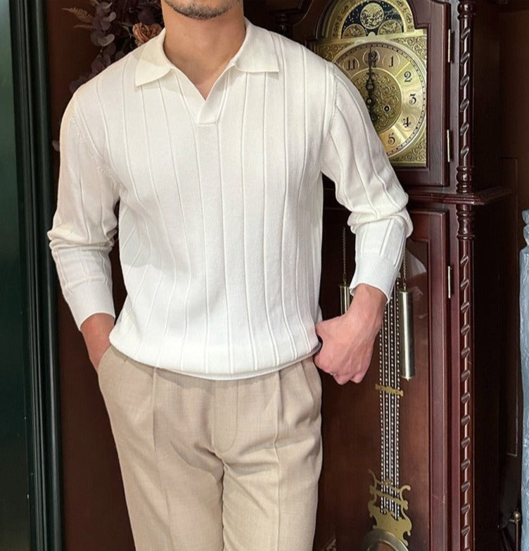 Men’s Pleated Knitted Long Sleeve Polo Shirt