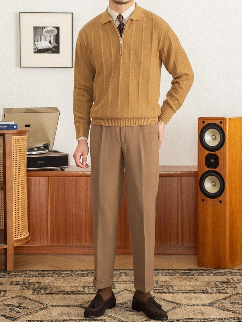 Men's Pleated Elegance Polo Half Zip Knitted Sweater