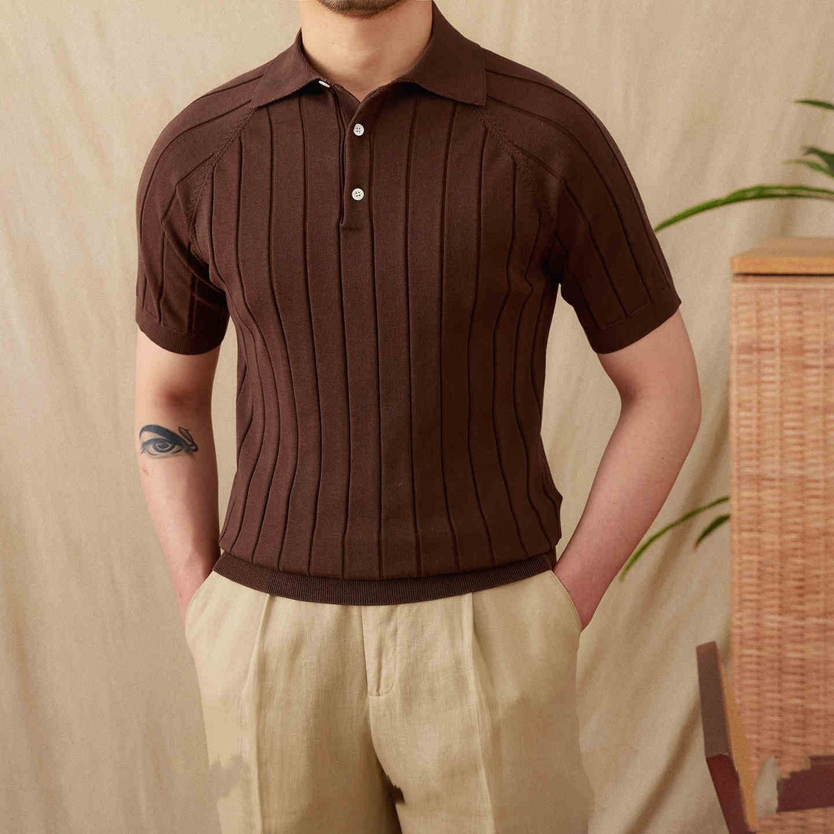 Men’s Pleated Cotton Blend Short Sleeve Polo Shirt