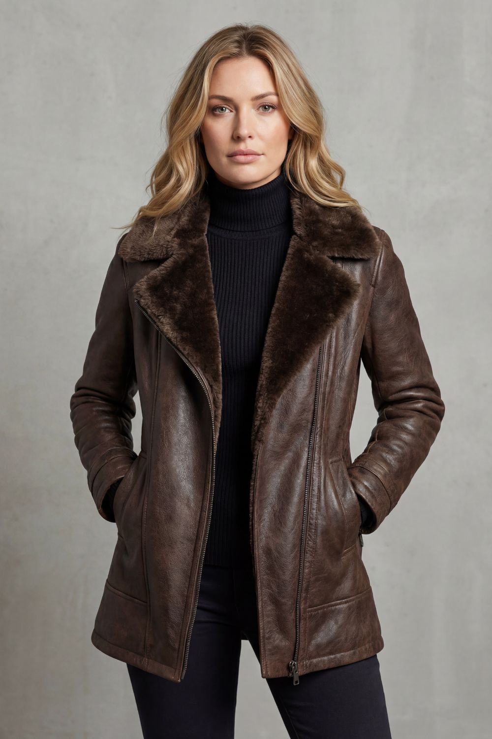 Women’s Leather Jacket with Shearling Collar