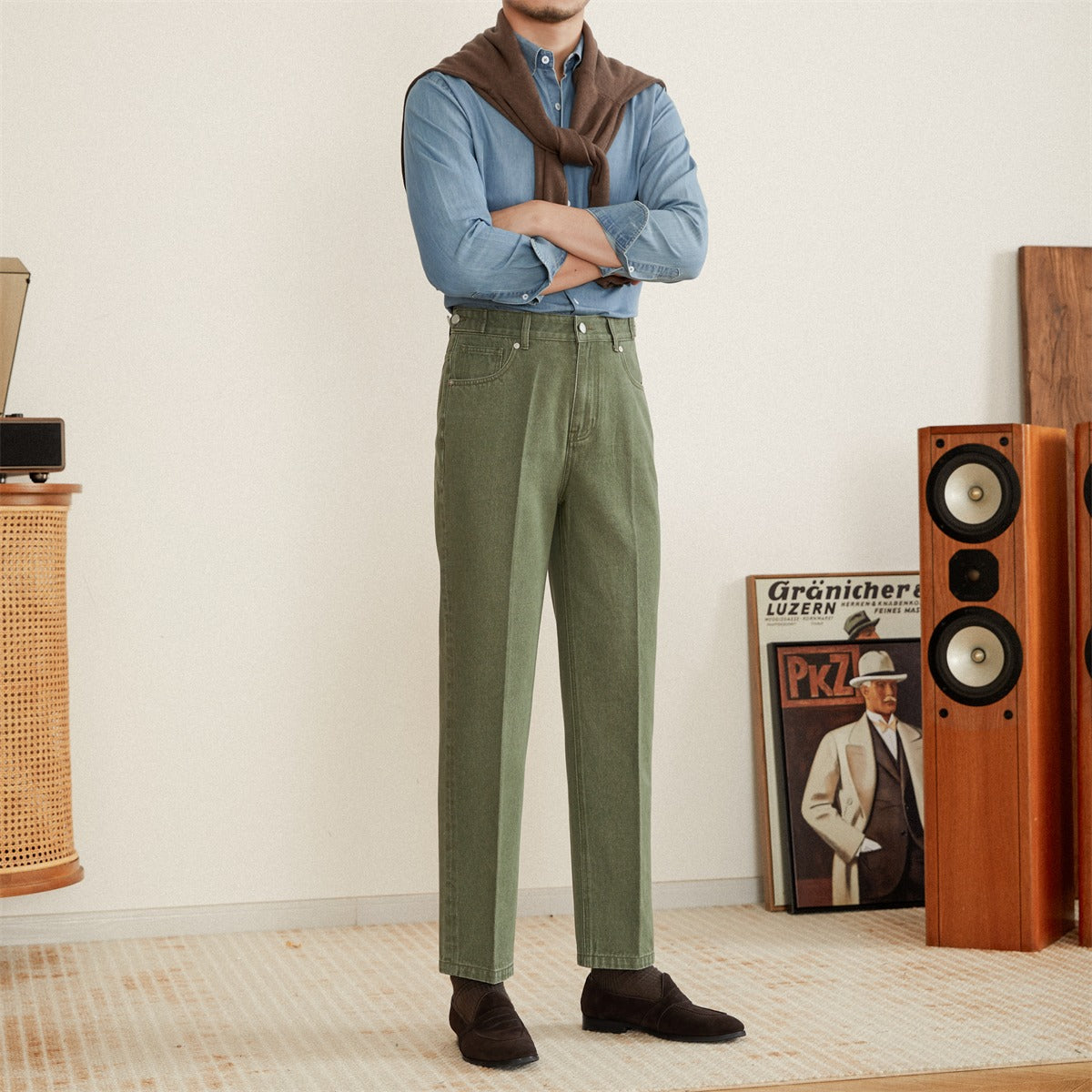 Men's Cotton Denim Trousers with Pleats