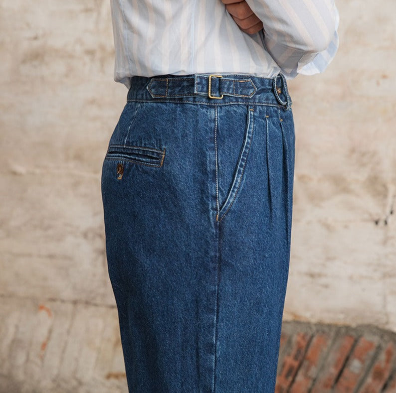 Men's Barcelona Cotton Pleated Straight Fit Denim Trousers