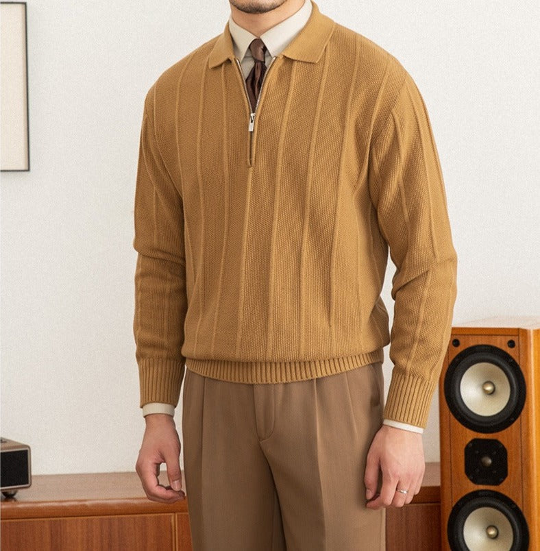 Men's Pleated Elegance Polo Half Zip Knitted Sweater