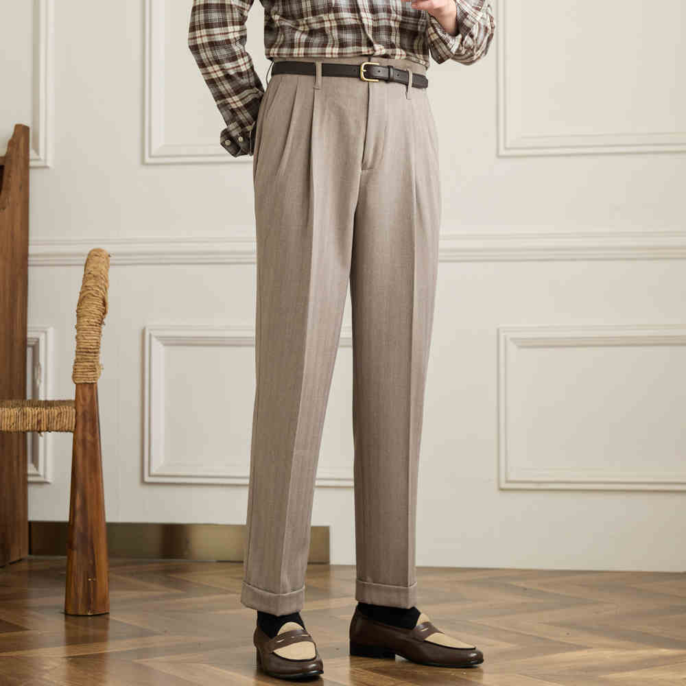 Men’s Herringbone Straight Fit Double Pleated Trousers