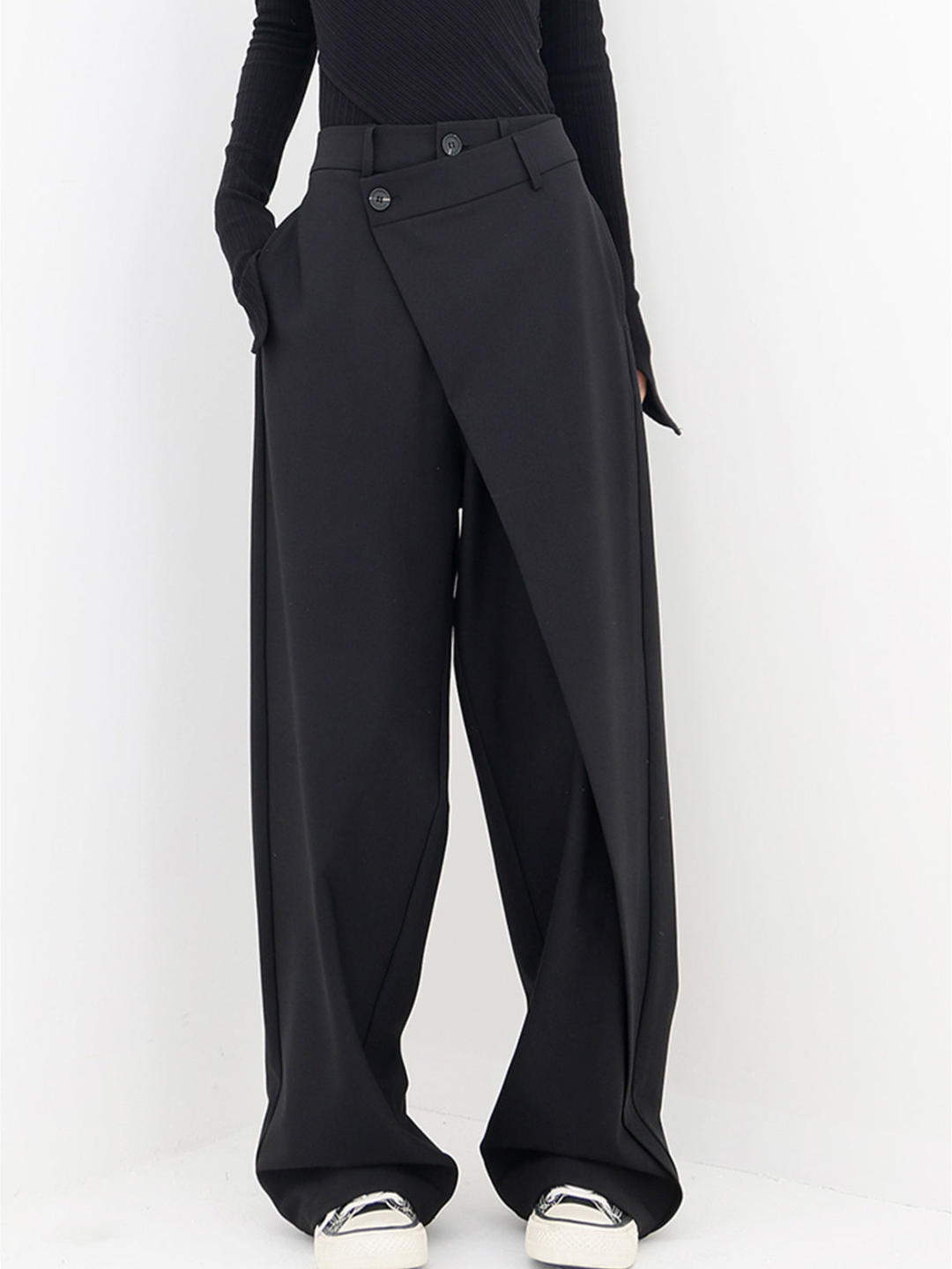 Women's Baggy Pants with Asymmetrical Waist, Wide Leg, Dropped Crotch and Button Closure