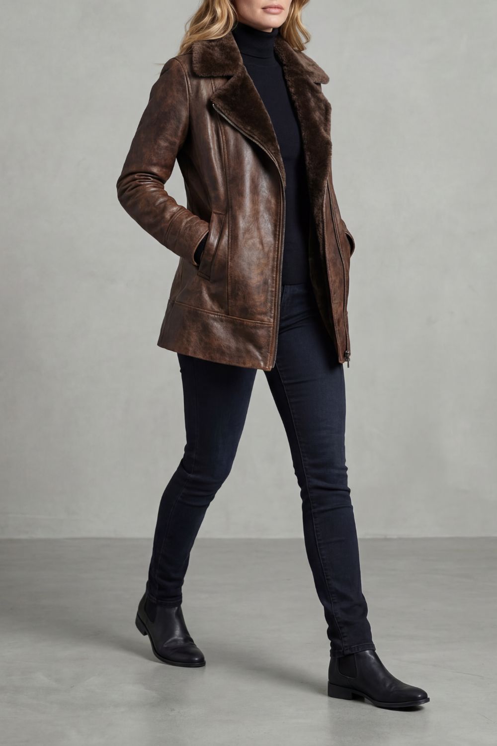 Women’s Leather Jacket with Shearling Collar