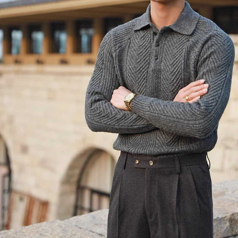 Men's Patten Knitted Long Sleeve Polo Shirt