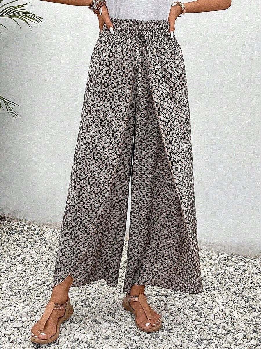 Women’s Brown Printed Trousers, Elastic Waistband, Drawstring, Viscose Stretch Pants
