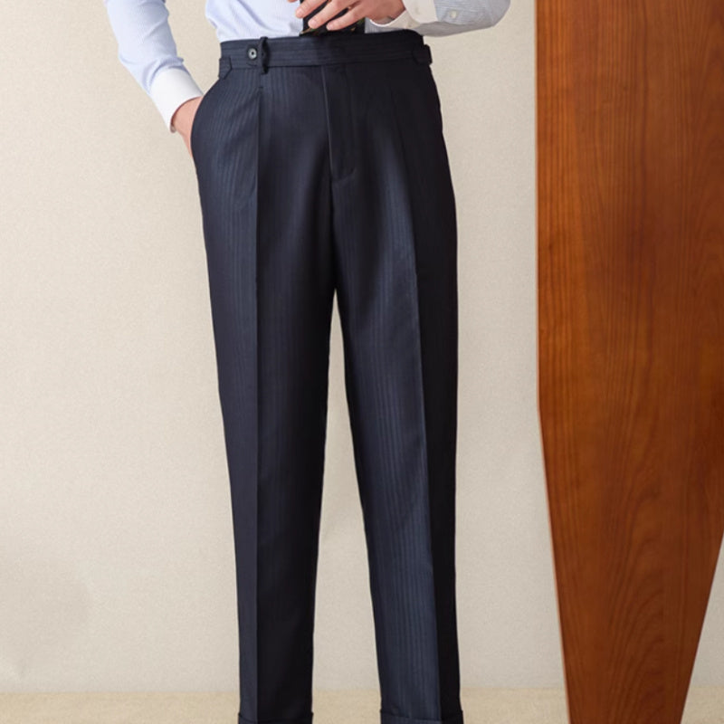 Men's  Lazio Herringbone Striped Straight Fit Pleated Trousers