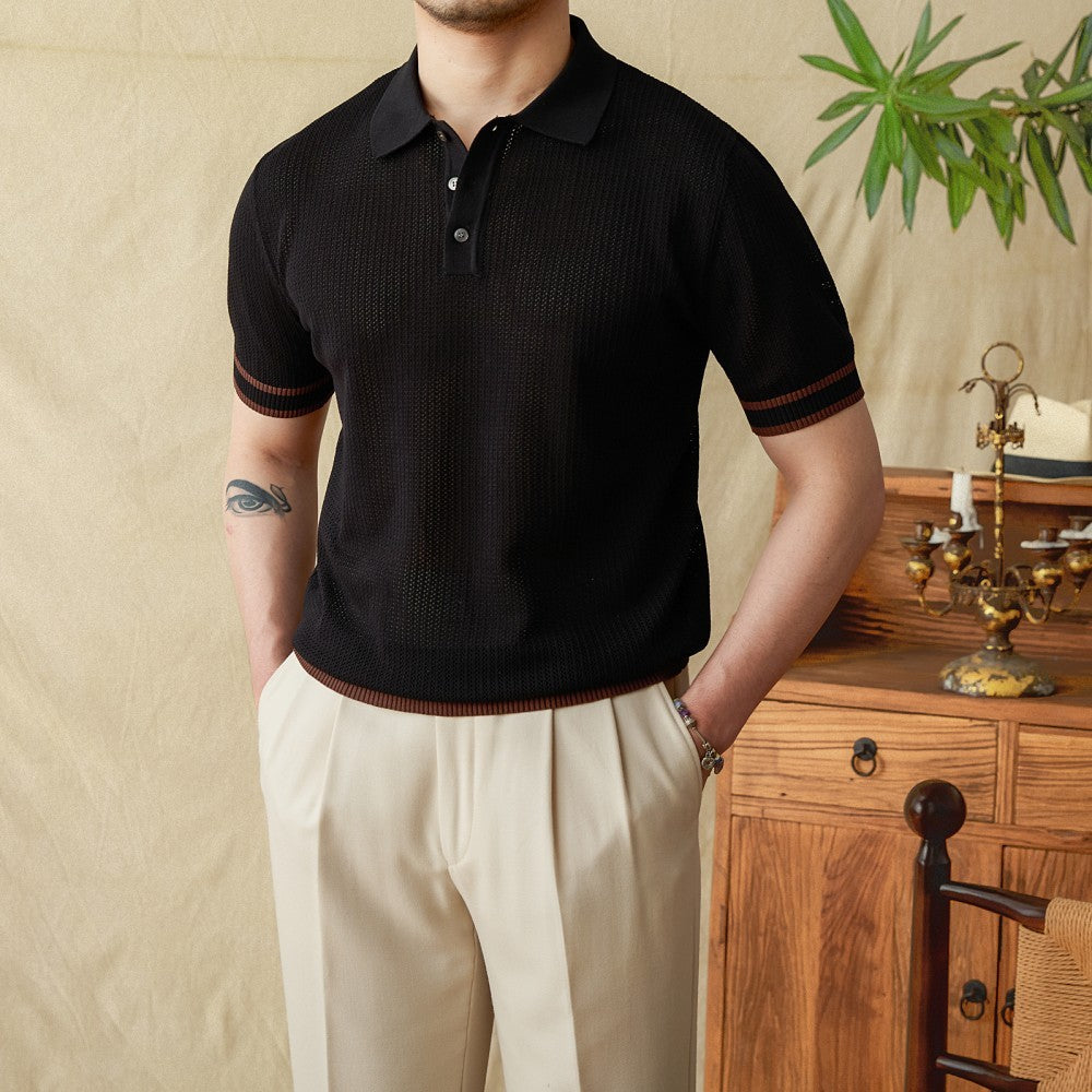 Men’s Contrast Crochet Knit Short Sleeve Polo Shirt