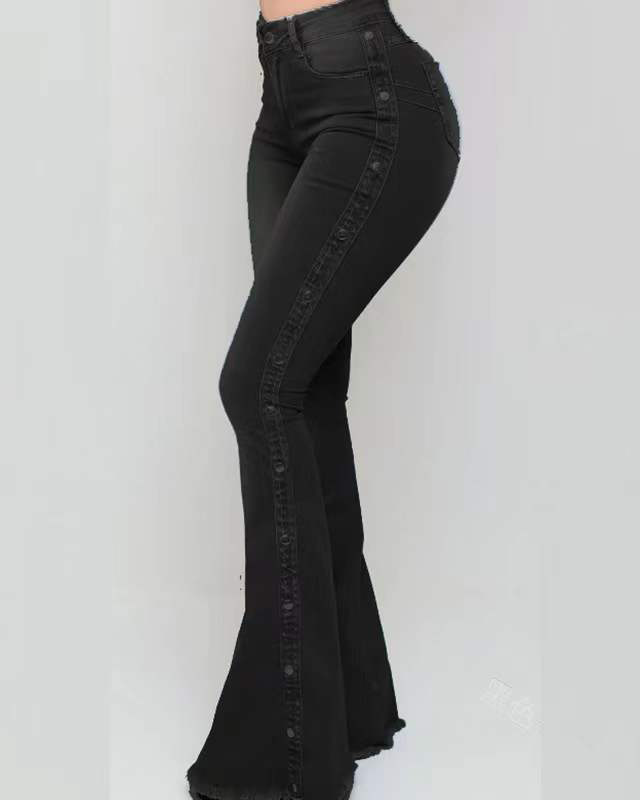 Women’s High-Waist Flared Jeans with Side Buttons, Retro Denim Trousers
