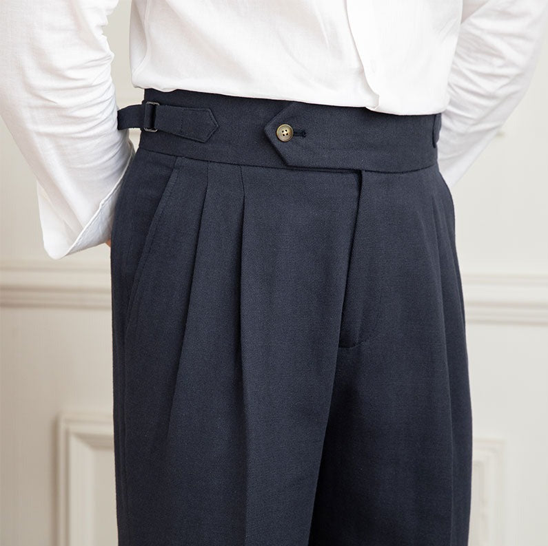 Men's Casino Royale Linen Blend Double Pleated Straight Fit Trousers