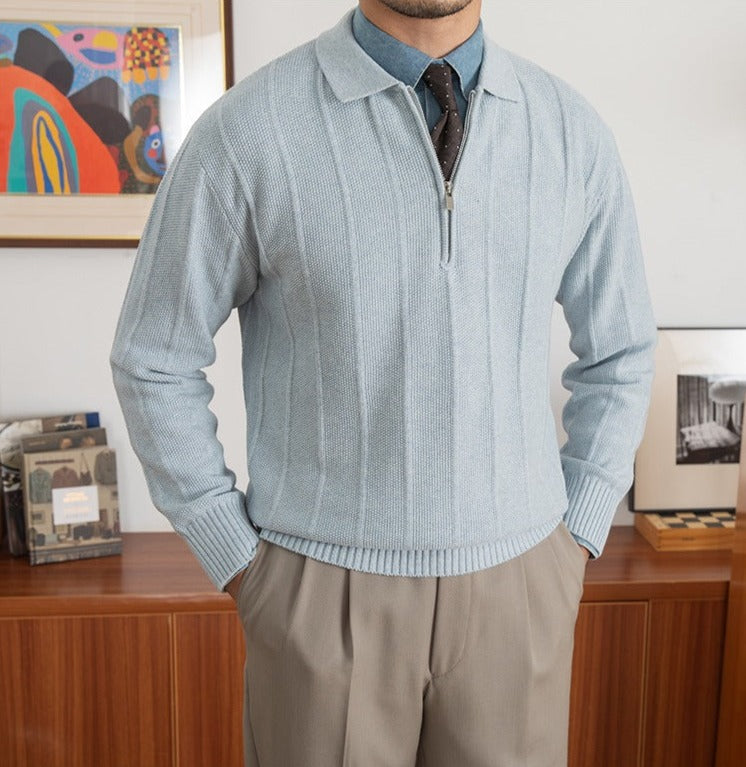 Men's Pleated Elegance Polo Half Zip Knitted Sweater