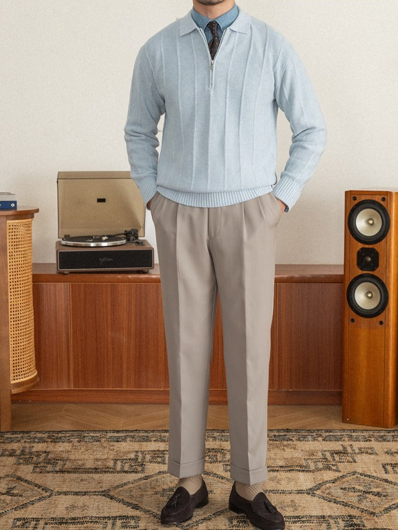 Men's Pleated Elegance Polo Half Zip Knitted Sweater