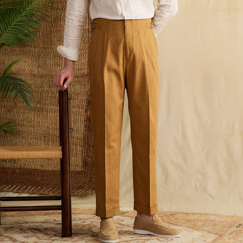 Men's  Semplice Linen Blend Double Pleated Straight Fit Trousers