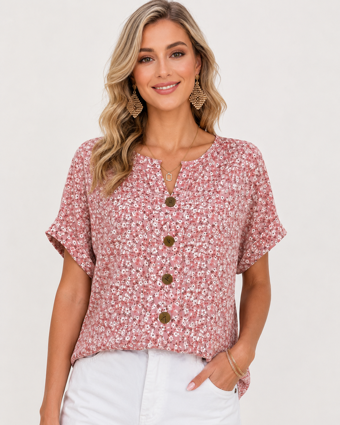 Women’s Floral Print Short Sleeve Button-Front Blouse