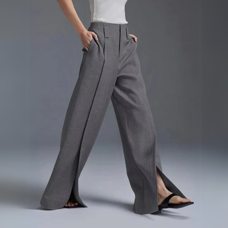 Women's Wide Leg High Waist Trousers with Front Slit and Pleats, Wrinkle-Free, Elegant for Office and Casual Wear