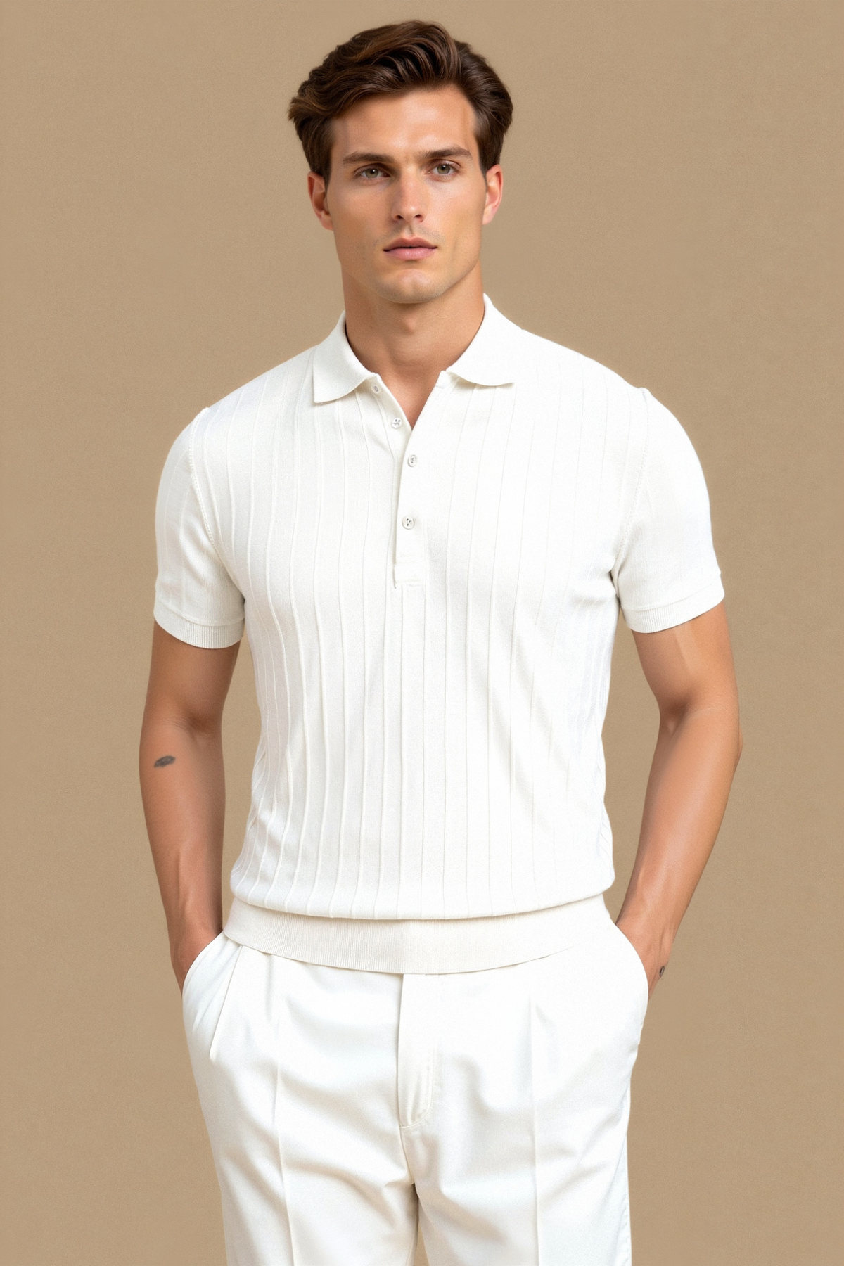 Men’s Vertical Striped Button-Up Polo Shirt