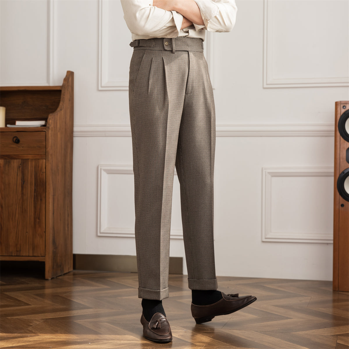 Men's Houndstooth Straight-Fit Trousers with Pleats