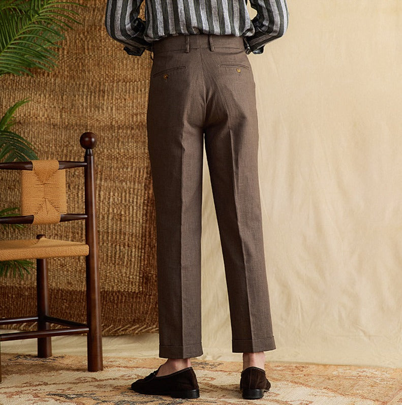 Men's  Bergamo Cotton Linen Blend Double Pleated Straight Fit Trousers