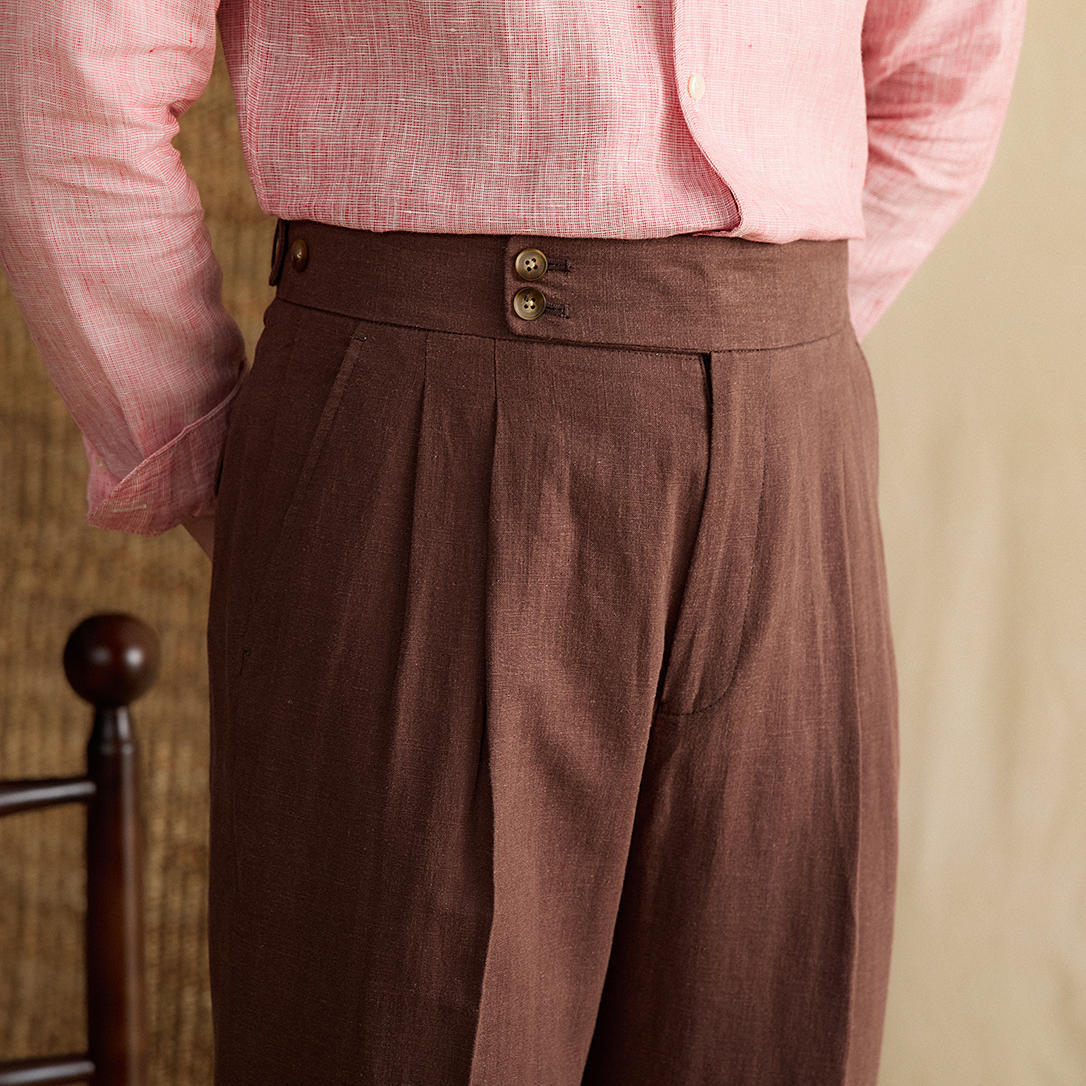 Men's Portofino Linen Double Pleated Straight Fit Trousers