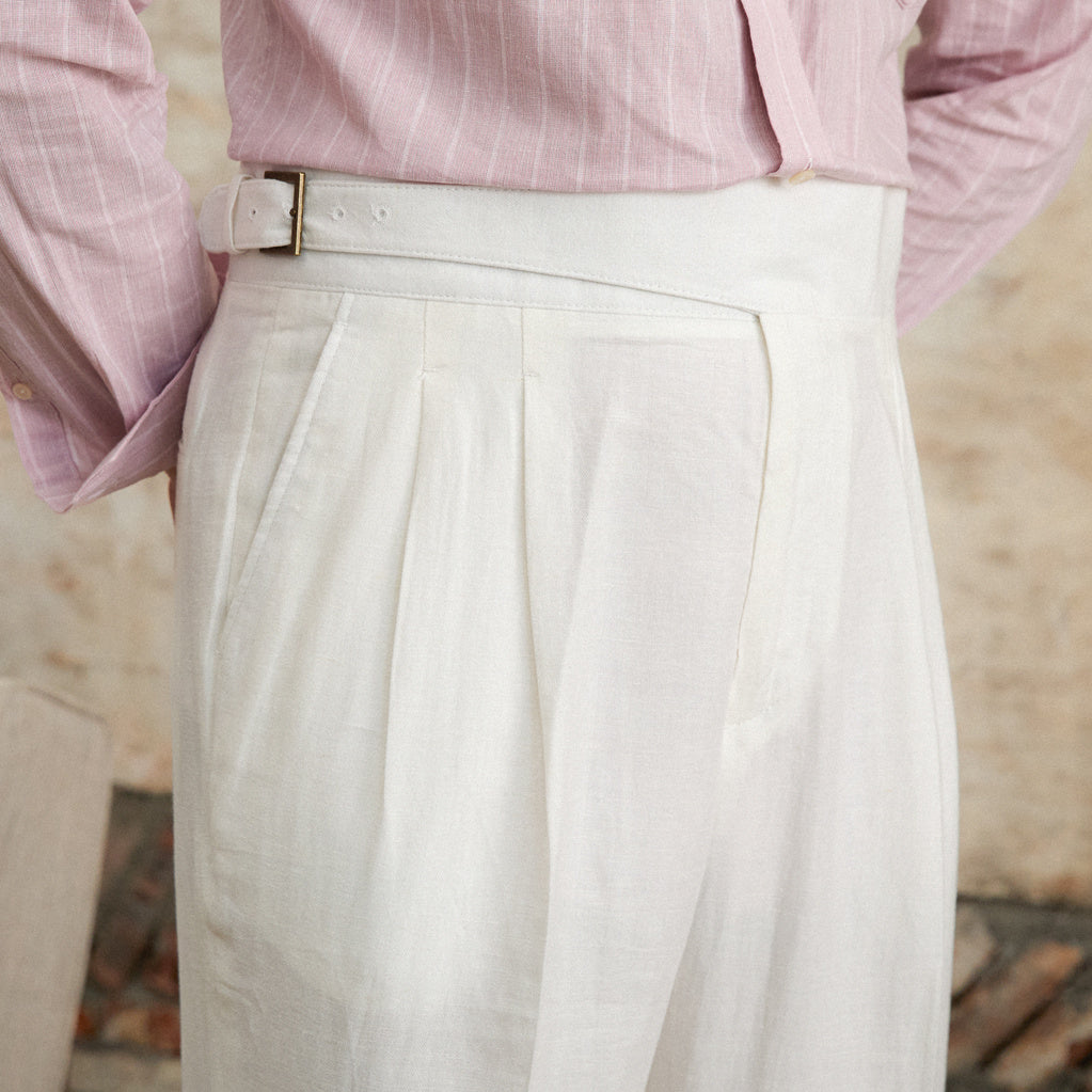 Men's  Napolitana Linen Blend Double Pleated Straight Fit Trousers
