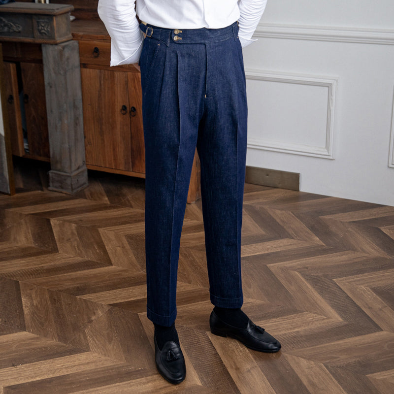 Men's Denim Workwear Trousers with Double Pleats