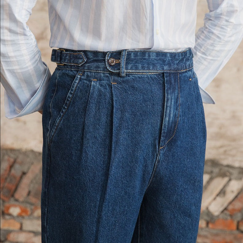 Men's Barcelona Cotton Pleated Straight Fit Denim Trousers