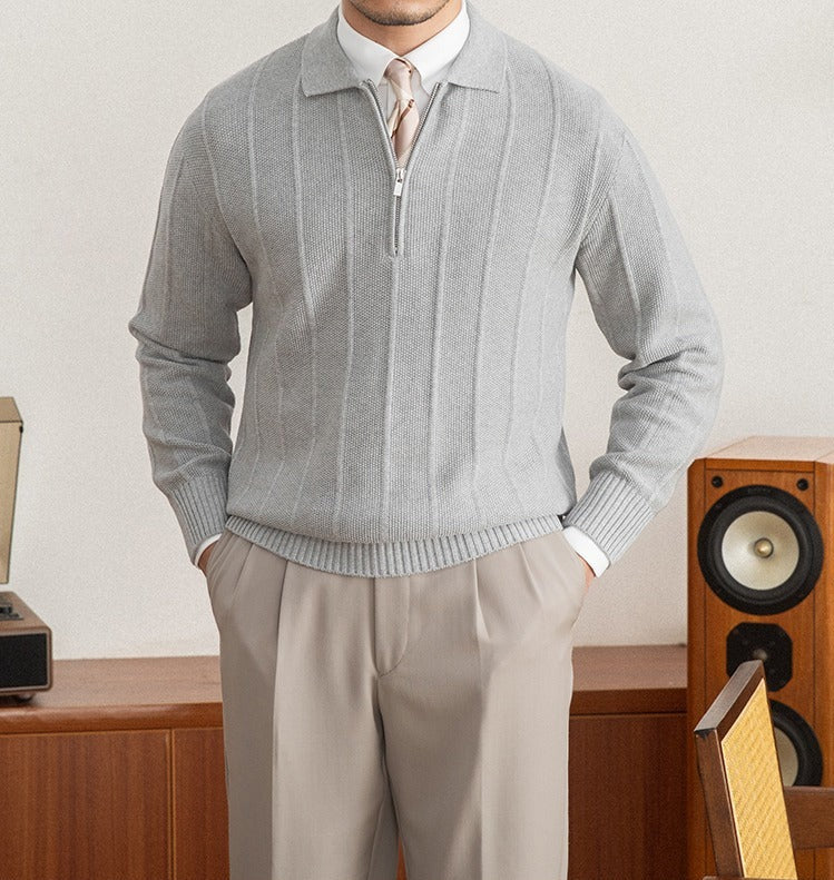 Men's Pleated Elegance Polo Half Zip Knitted Sweater
